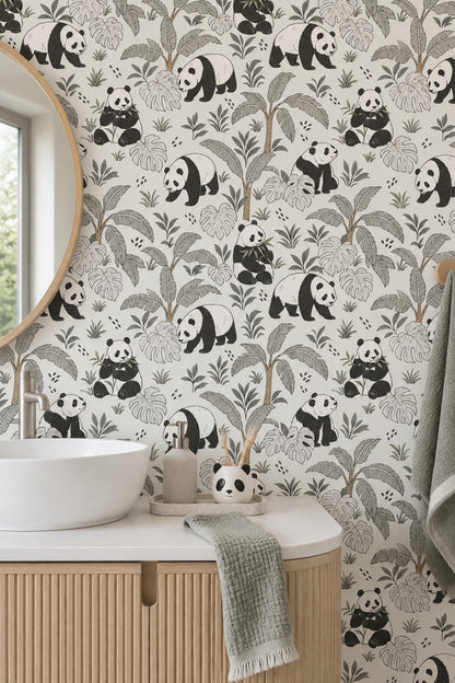 Panda Desenli Duvar Kağıdı Tropikal Yapraklı Çocuk Odası