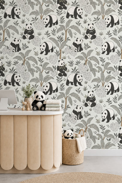 Panda Desenli Duvar Kağıdı Tropikal Yapraklı Çocuk Odası