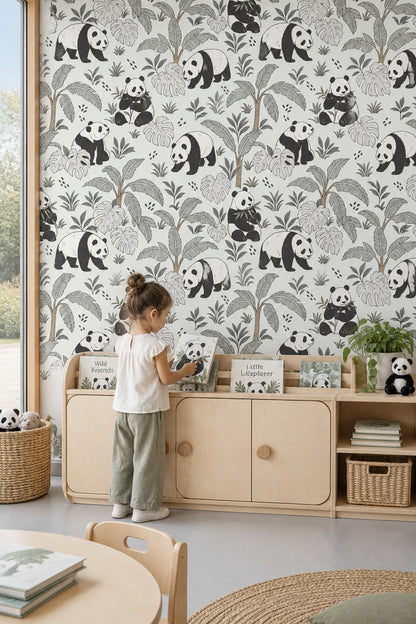 Panda Desenli Duvar Kağıdı Tropikal Yapraklı Çocuk Odası