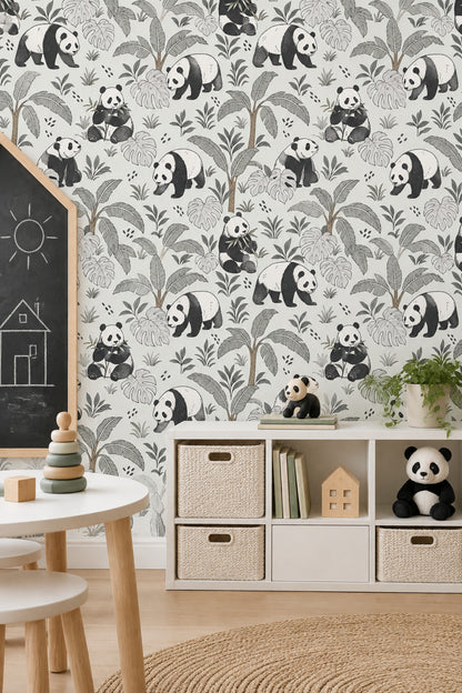 Panda Desenli Duvar Kağıdı Tropikal Yapraklı Çocuk Odası
