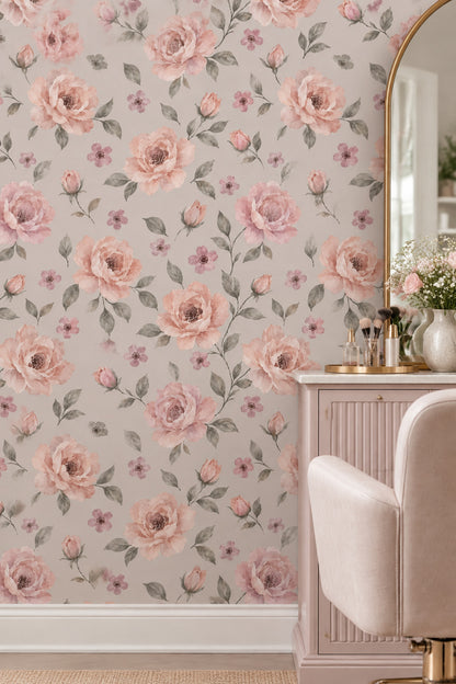 Pudra Pembe Güllü Duvar Kağıdı Romantik Çiçek Desenli