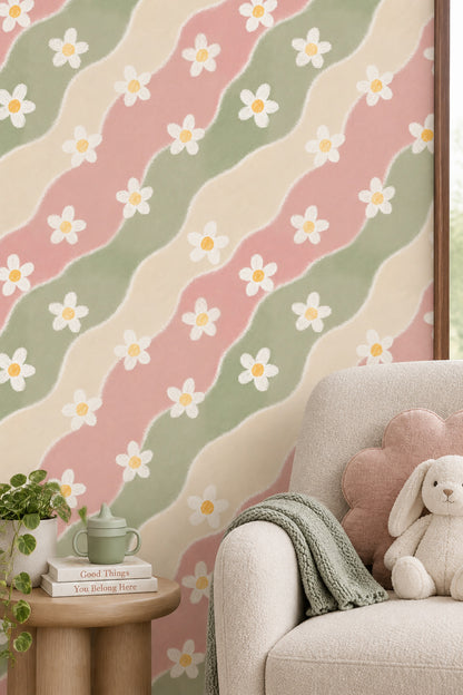Papatya Desenli Duvar Kağıdı Pastel Dalgalı Çocuk Odası