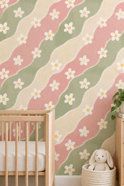 Papatya Desenli Duvar Kağıdı Pastel Dalgalı Çocuk Odası