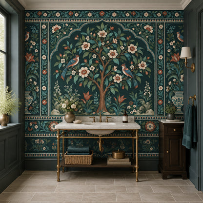 Çiçekli ve Kuşlu Poster Duvar Kağıdı Lacivert Salon