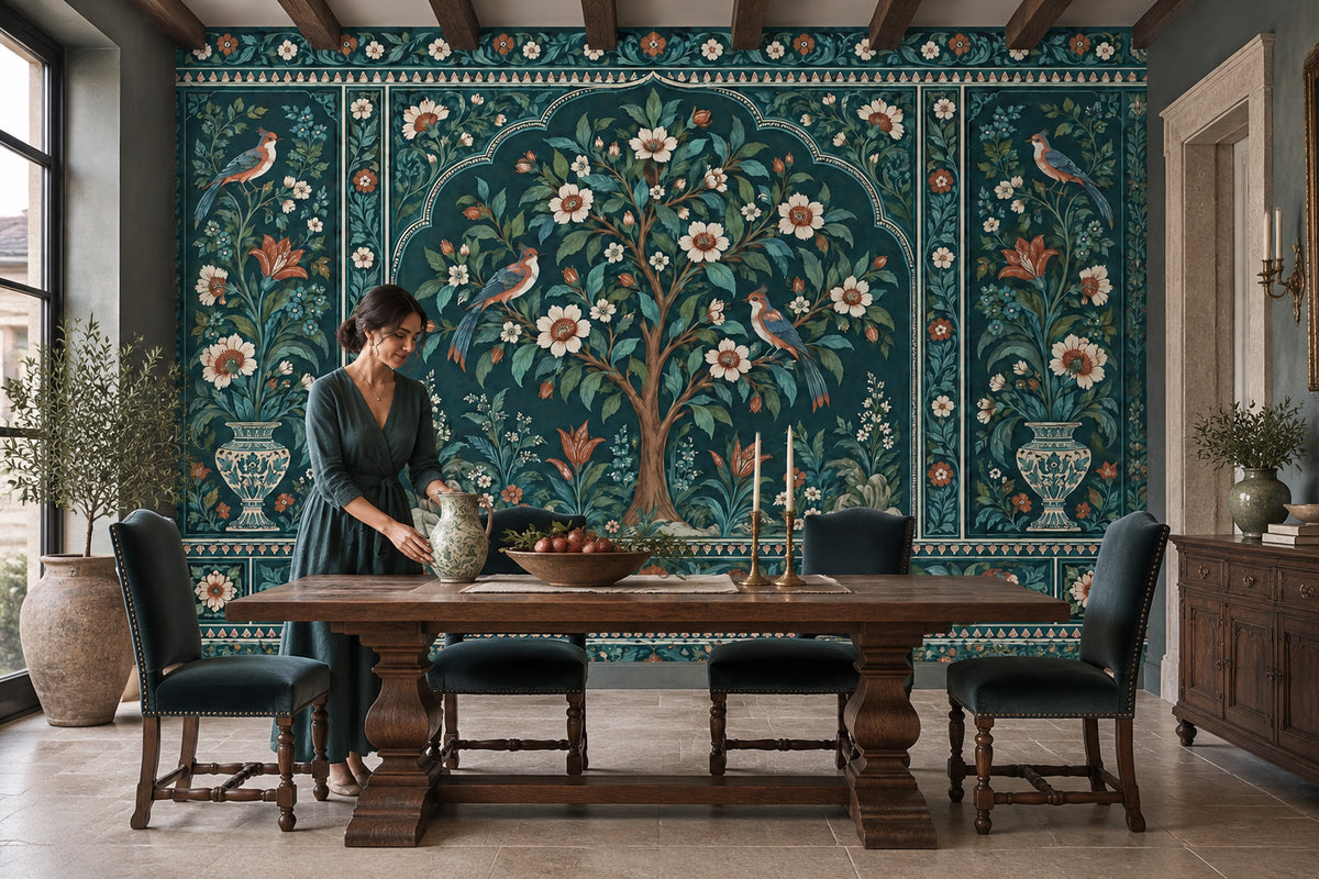 Çiçekli ve Kuşlu Poster Duvar Kağıdı Lacivert Salon
