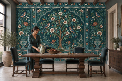 Çiçekli ve Kuşlu Poster Duvar Kağıdı Lacivert Salon