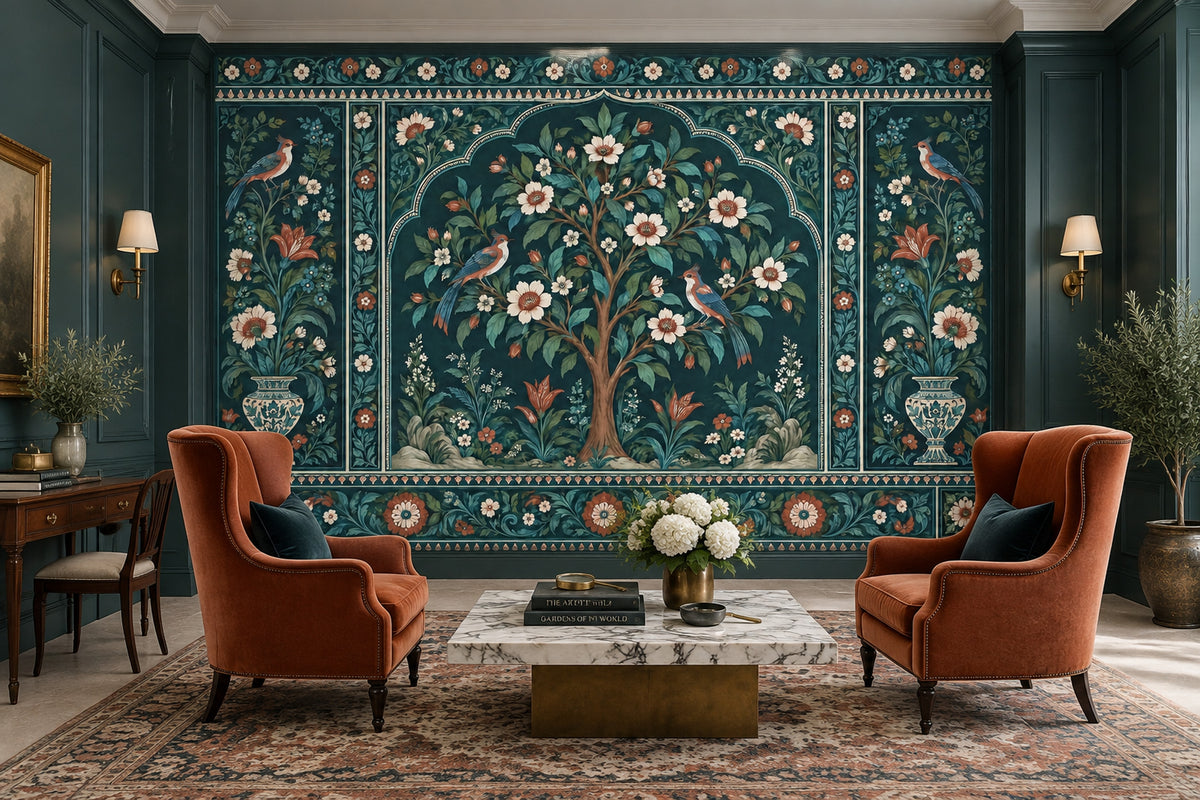 Çiçekli ve Kuşlu Poster Duvar Kağıdı Lacivert Salon