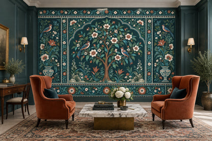 Çiçekli ve Kuşlu Poster Duvar Kağıdı Lacivert Salon