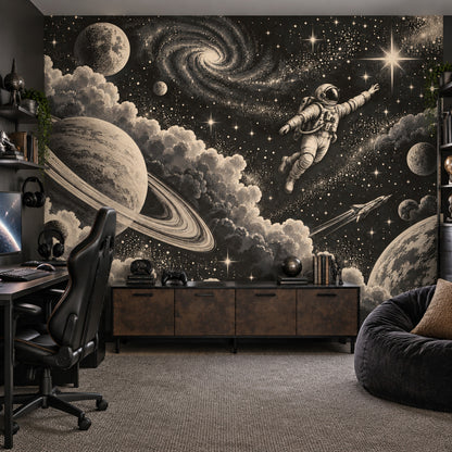Astronot ve Gezegenli Poster Duvar Kağıdı Siyah Uzay Teması