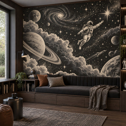 Astronot ve Gezegenli Poster Duvar Kağıdı Siyah Uzay Teması