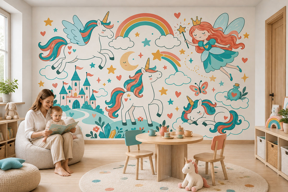 Unicorn ve Perili Poster Duvar Kağıdı Çocuk Odası Renkli