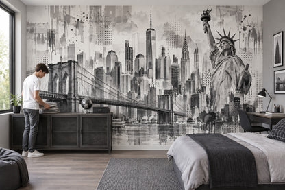 New York Şehir Manzaralı Poster Duvar Kağıdı Siyah Beyaz Salon