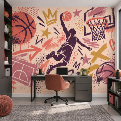 Grafiti Basketbol Poster Duvar Kağıdı Mor Turuncu Genç Odası