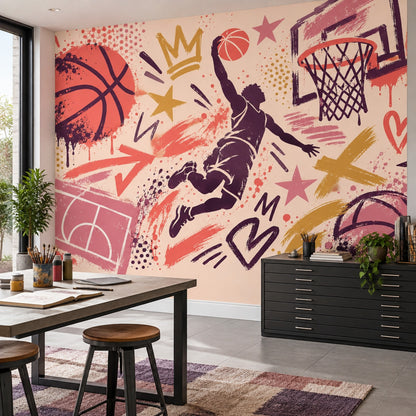 Grafiti Basketbol Poster Duvar Kağıdı Mor Turuncu Genç Odası