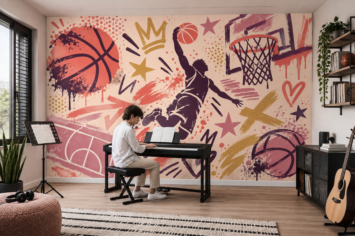 Grafiti Basketbol Poster Duvar Kağıdı Mor Turuncu Genç Odası