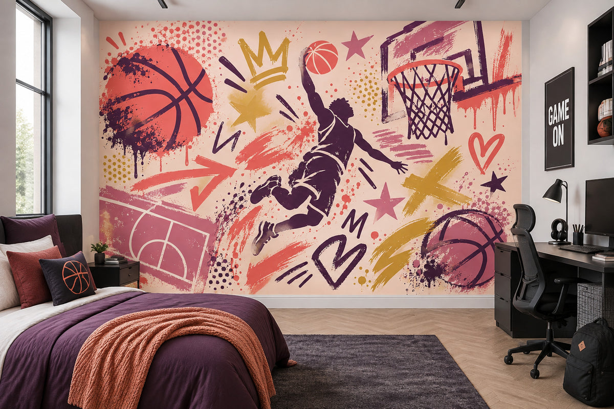 Grafiti Basketbol Poster Duvar Kağıdı Mor Turuncu Genç Odası