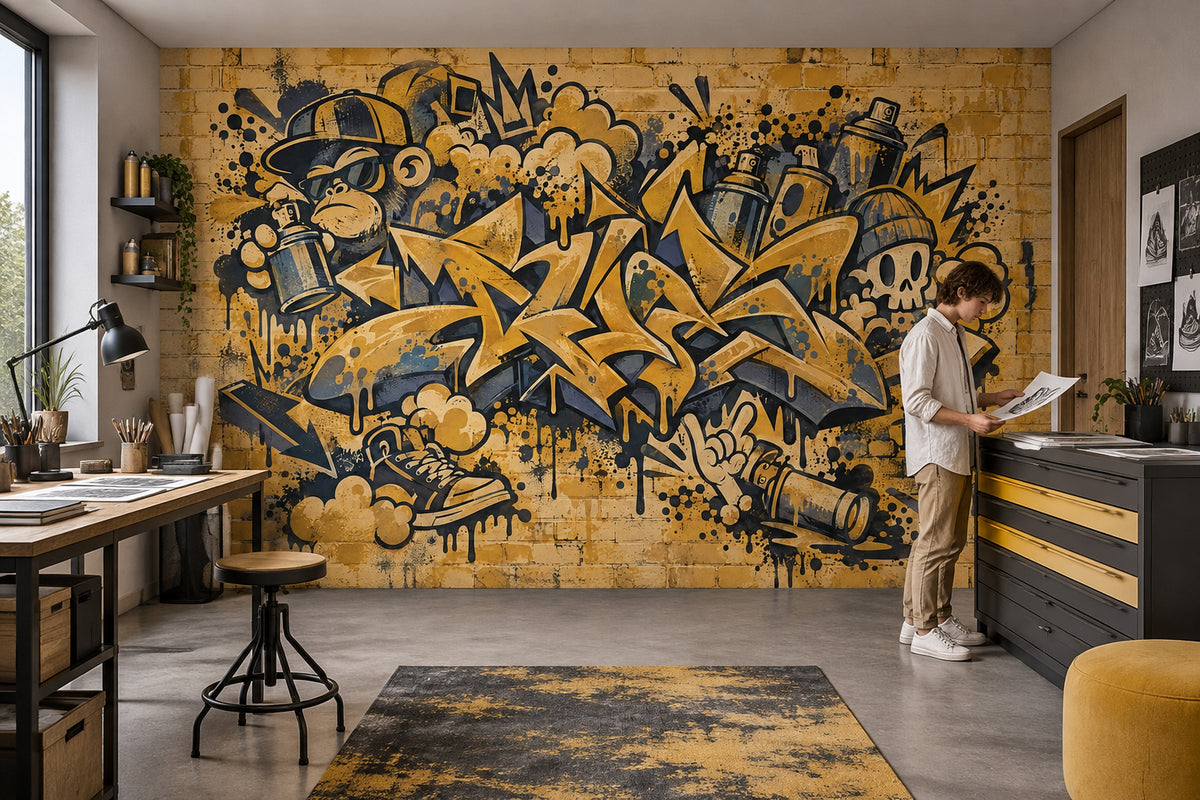 Grafiti Sokak Sanatı Poster Duvar Kağıdı Sarı Siyah Genç Odası