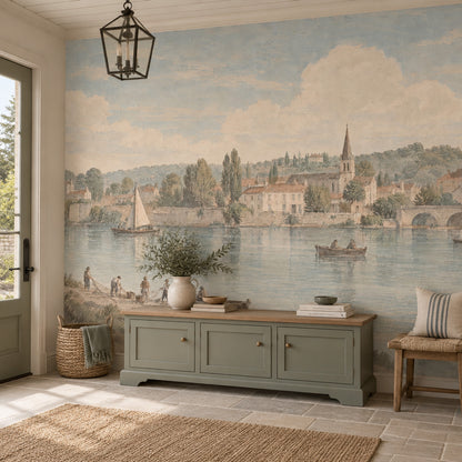 Nehir Kıyısı Kasaba Manzaralı Poster Duvar Kağıdı Pastel Salon
