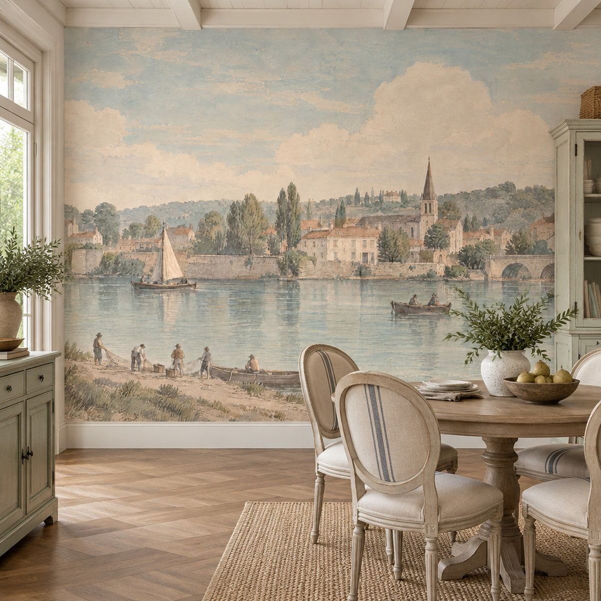 Nehir Kıyısı Kasaba Manzaralı Poster Duvar Kağıdı Pastel Salon