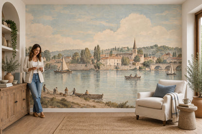 Nehir Kıyısı Kasaba Manzaralı Poster Duvar Kağıdı Pastel Salon