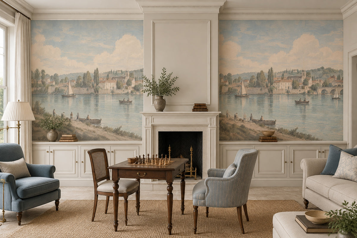Nehir Kıyısı Kasaba Manzaralı Poster Duvar Kağıdı Pastel Salon