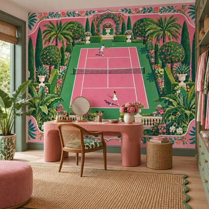Tenis Kortu Poster Duvar Kağıdı Pembe Yeşil Bahçe Desenli