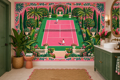 Tenis Kortu Poster Duvar Kağıdı Pembe Yeşil Bahçe Desenli
