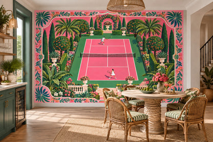 Tenis Kortu Poster Duvar Kağıdı Pembe Yeşil Bahçe Desenli