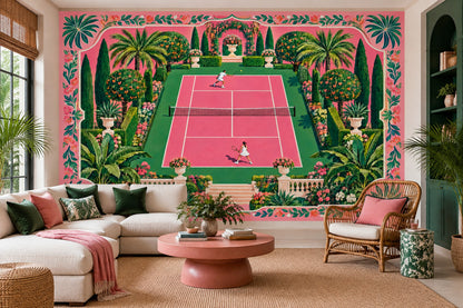 Tenis Kortu Poster Duvar Kağıdı Pembe Yeşil Bahçe Desenli