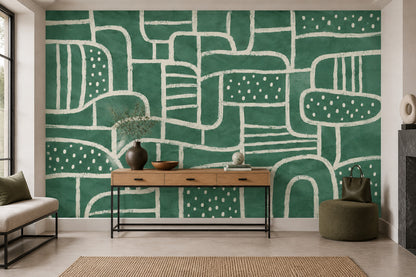Soyut Geometrik Poster Duvar Kağıdı Yeşil Çizgili Salon