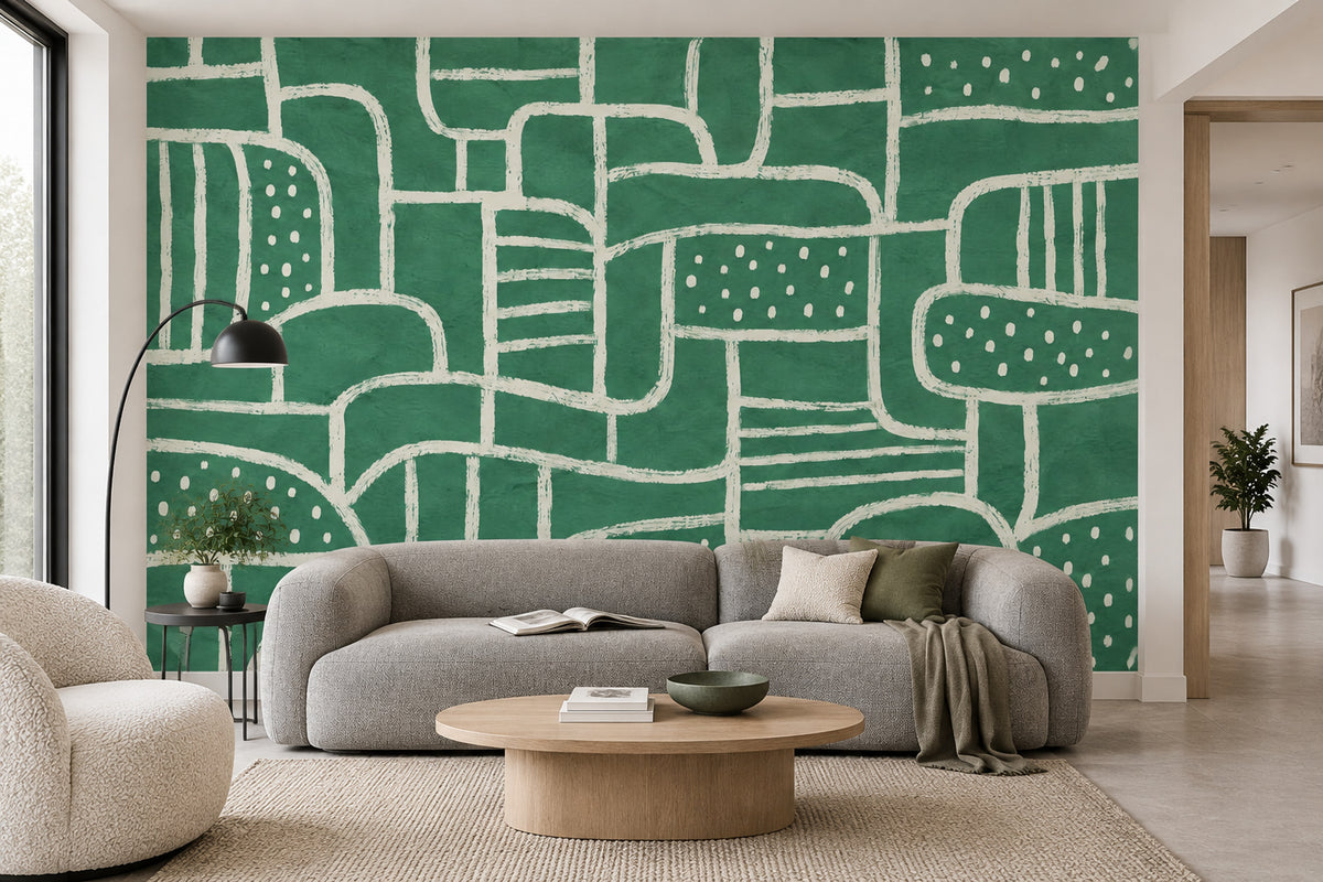Soyut Geometrik Poster Duvar Kağıdı Yeşil Çizgili Salon