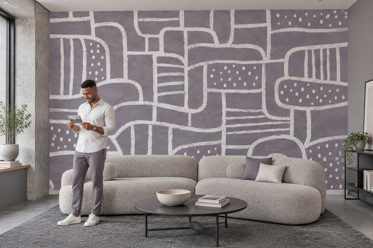 Soyut Çizgili Poster Duvar Kağıdı Gri Beyaz Modern Salon