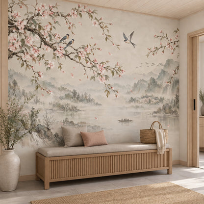 Çiçekli Manzara Poster Duvar Kağıdı Pembe Kiraz Dalı Salon