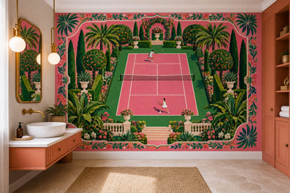 Tenis Kortu Poster Duvar Kağıdı Pembe Yeşil Bahçe Desenli