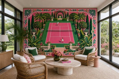 Tenis Kortu Poster Duvar Kağıdı Pembe Yeşil Bahçe Desenli
