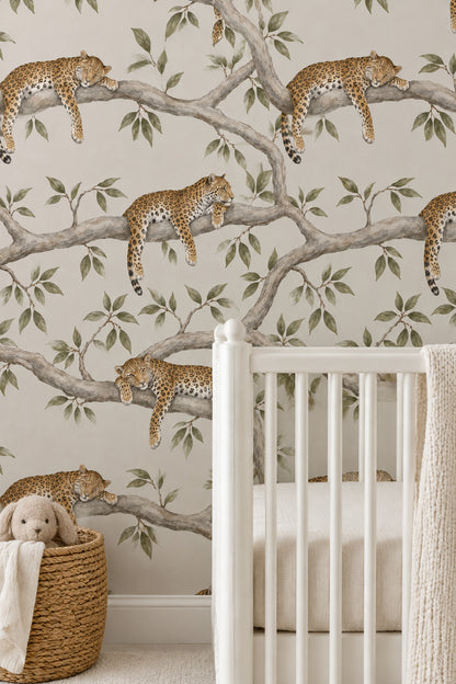 Leopar Desenli Duvar Kağıdı Bej Safari Salon Dekoru