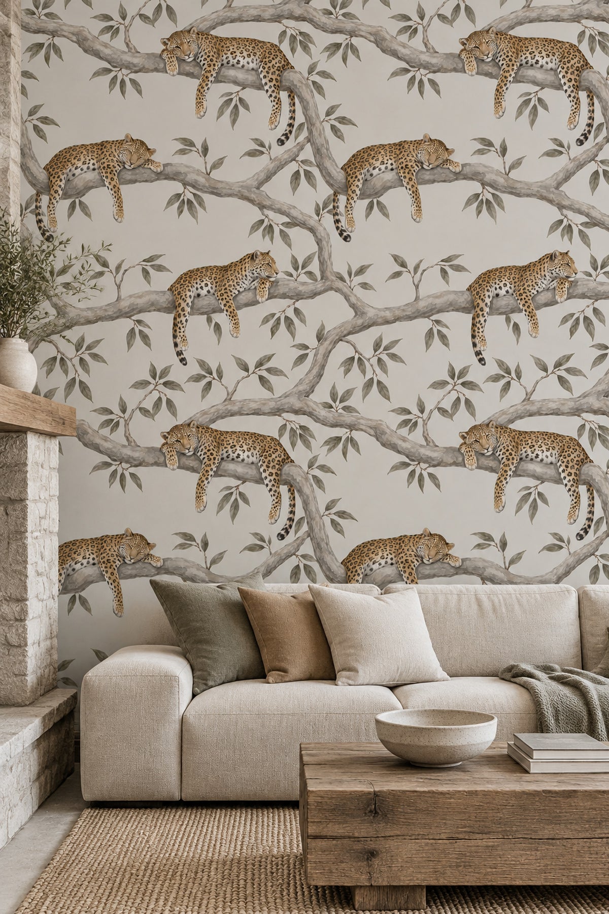 Leopar Desenli Duvar Kağıdı Bej Safari Salon Dekoru