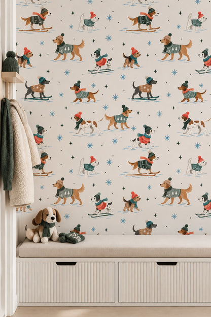 Kışlık Köpek Desenli Duvar Kağıdı Çocuk Odası Krem