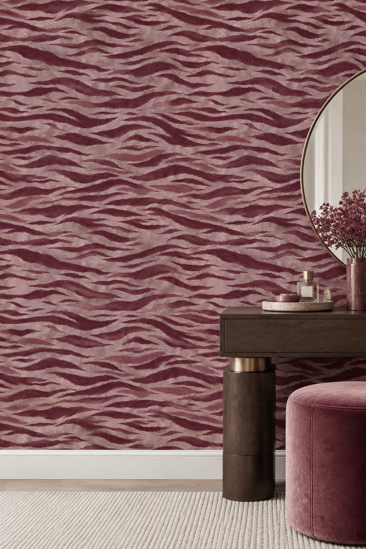 Dalgalı Soyut Desenli Duvar Kağıdı Bordo Bej Salon