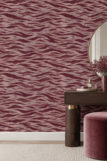 Dalgalı Soyut Desenli Duvar Kağıdı Bordo Bej Salon