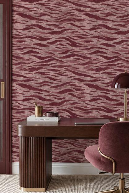 Dalgalı Soyut Desenli Duvar Kağıdı Bordo Bej Salon