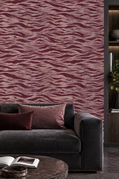 Dalgalı Soyut Desenli Duvar Kağıdı Bordo Bej Salon
