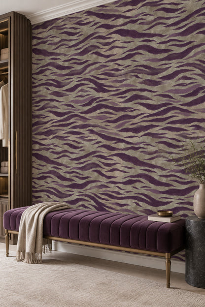 Dalga Desenli Duvar Kağıdı Mor Bej Modern Salon