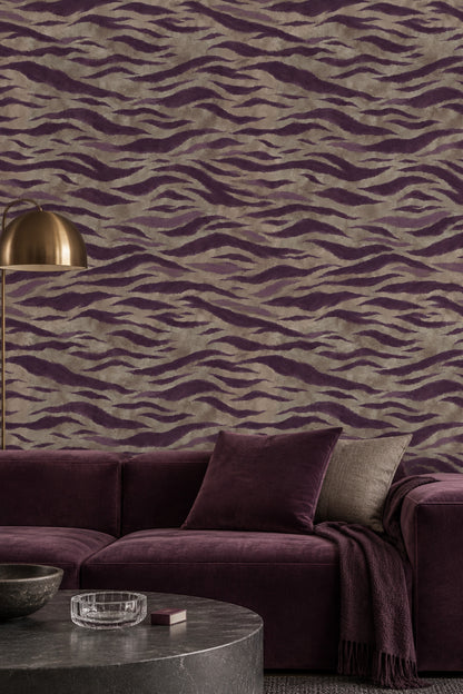 Dalga Desenli Duvar Kağıdı Mor Bej Modern Salon