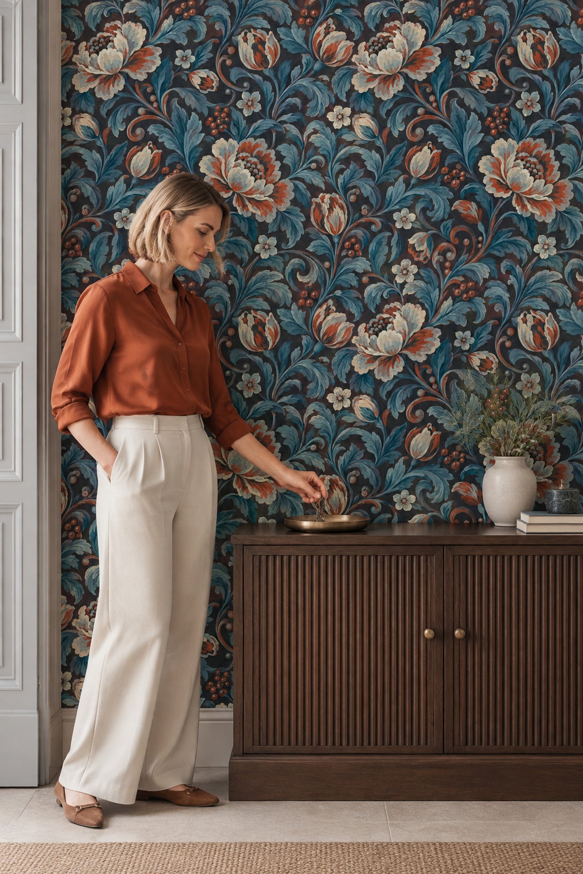 Vintage Çiçekli Duvar Kağıdı Lacivert Yaprak Desenli Salon