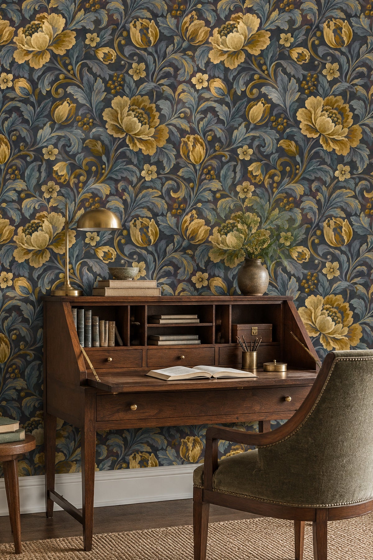 Klasik Çiçekli Duvar Kağıdı Lacivert Sarı Desenli Salon