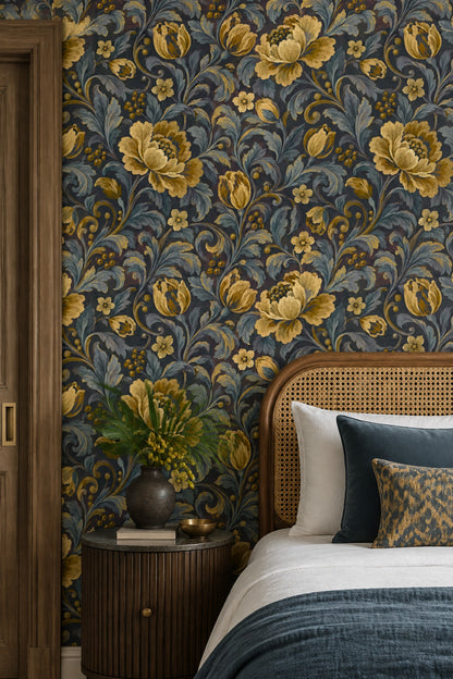 Klasik Çiçekli Duvar Kağıdı Lacivert Sarı Desenli Salon
