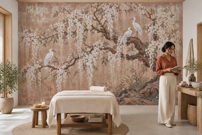 Beyaz Çiçekli Kuşlu Poster Duvar Kağıdı Bej Salon