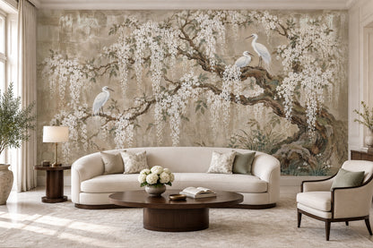 Çiçekli Kuşlu Poster Duvar Kağıdı Bej Duvar Muralı