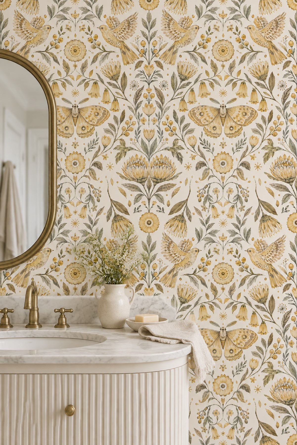 Kuş ve Kelebek Desenli Duvar Kağıdı Bej Banyo